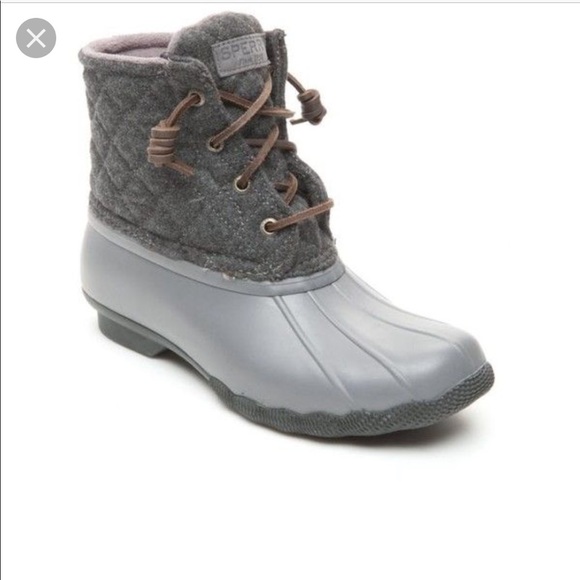 gray and pink sperry duck boots